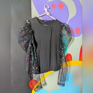 Black Sheer Sleeve Top with Colorful Dots